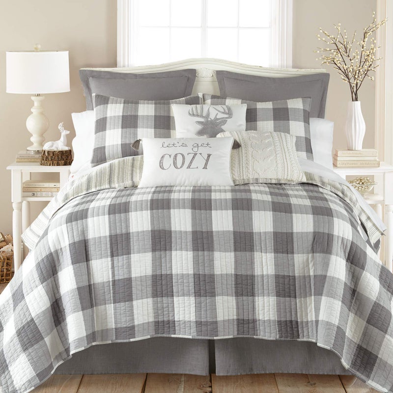 Levtex Home - Camden Quilt Set -Full/Queen Quilt + Two Standard Pillow Shams - Buffalo Check in Grey and Cream - Quilt Size (88 x 92 in.) and Pillow Sham Size (26 x 20 in.)- Reversible Pattern -Cotton - Image 1